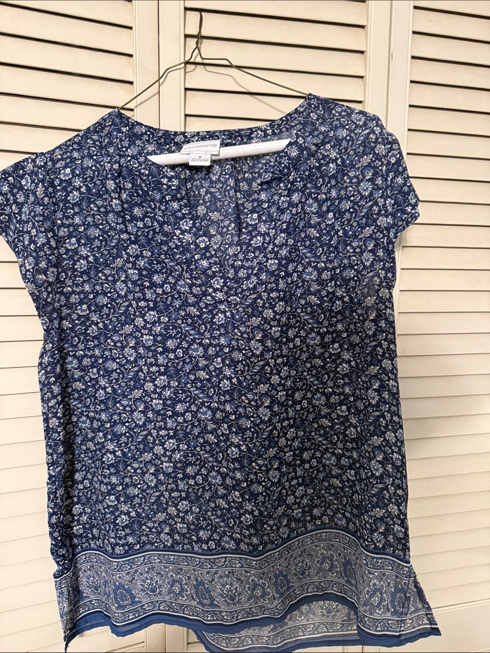 Liz Claiborne Navy Blue Floral Short-Sleeve Blouse